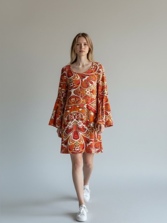 MSK Dresses & Skirts - MSK Retro Orange Paisley Bell-Sleeve Midi Dress